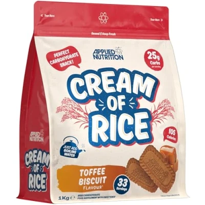 Image of Applied Nutrition Cream of Rice High Carbohydrate Supplement, Source Energy for Breakfast &amp; Snacks, Easy to Digest, Low Sugar, Fat, Vegan, 1kg (Toffee Biscuit)