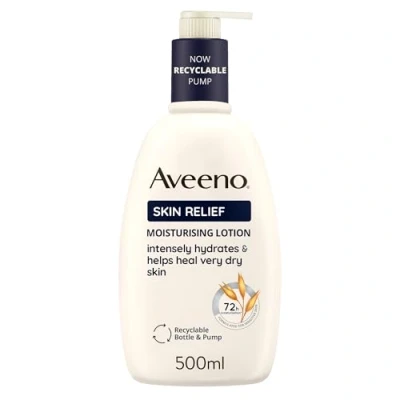Image of Aveeno Skin Relief Moisturising Lotion, With Soothing Triple Oat Complex &amp; Shea Butter, Suitable For Sensitive Skin, 72 Hour Intense Hydration, Helps Relieve Very Dry and Tight Unscented, 500ml