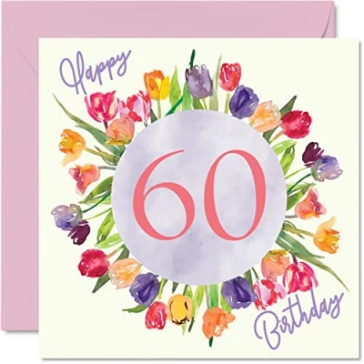 Image of Beautiful 60th Birthday Cards for Women Watercolour Tulips Flowers Bouquet Happy Card Her Grandma Nanny Gran Mum Gifts, 145mm x Lovely Floral Greeting Gift