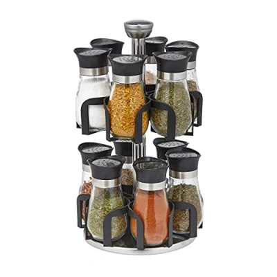 Image of Relaxdays Carousel, Jars, 360 Rotatable, Stainless Steel, Glass, H x D 31 18 cm, Spice Rack, Silver/Black, 12 (EU)