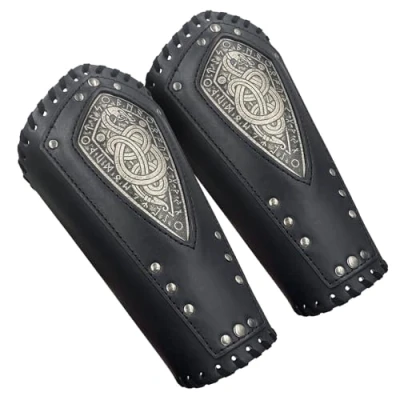 Image of HiiFeuer Viking Embossed Dragon Faux Leather Arm Guards, Medieval Vintage Mercenary Bracers, Retro Knight Gauntlets (Black A)