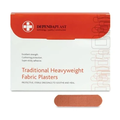 Image of Dependaplast Traditional Heavyweight Fabric Plasters. Extra Cushioning And Physical Protection Heavy Elastic Super Sticky Zinc Oxide Adhesive (7.5 X 2.5 Cm, Pack of 100