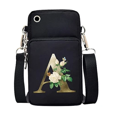 Image of FINDING CASE initial letter Printed Women Girls men Zipper Waterproof Nylon 3 Layers Crossbody Bags Wallet Cellphone Purse Shoulder Bag Wristlet Handbags Adjustable Strap (Golden flower A)