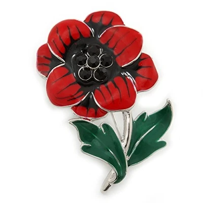 Image of Avalaya Red/Black/Green Enamel, Crystal Poppy Brooch in Silver Tone 45mm L