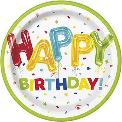 Image of Happy Balloon Birthday Round Dessert Plates (17cm) Unique, Sturdy, &amp; Festive Design Perfect for Kids Adults 8ct