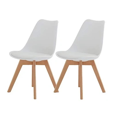 Image of CLIPOP White Dining Chairs Set of 2 Upholstered Seat Kitchen with Beech Wooden Legs and Comfortable PU Seat, Retro Lounge Corner for Home Office Furniture