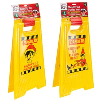 Image of Elves Behavin&#039; Badly 60cm Caution Danger Sign Naughty Elf Playing Here Christmas Fun