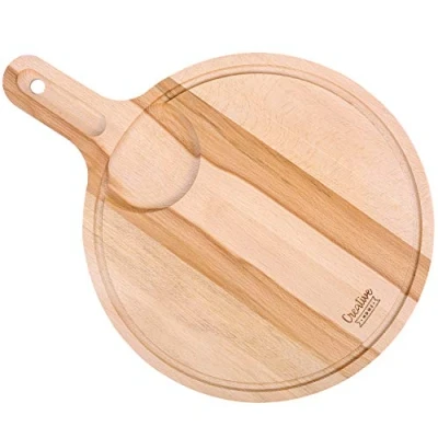 Image of Creative Home Wooden Round Pizza Chopping Cutting Serving Board 40 x 30 1.5 cm Plate with Wood Handle Reversible Perfect for any Kitchen &amp; as a Platter Snacks Cheese Bread
