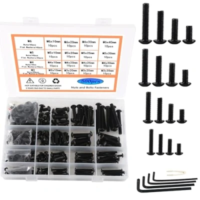 Image of Rshuhx M3 M4 M5 M6 Black Round Head Bolt and Nut set Carbon steel material Button Lens Hex Socket Screws fully Threaded Mechanical Fasteners with Wrench 500pieces