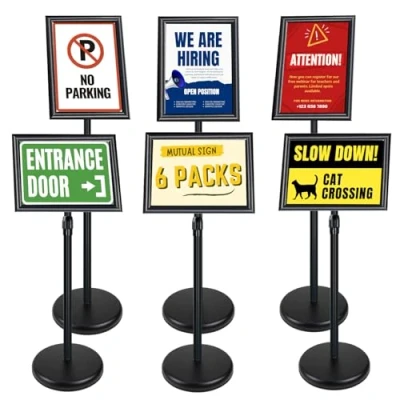 Image of Mutualsign 6pcs A4 Sign Holder Stand Adjustable Poster Display Stand, Aluminum Menu Floor Stands Replaceable Advertisement with Stable Base (Black)