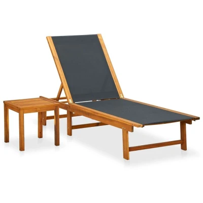 Image of vidaXL Sun Lounger and Table Set, Adjustable, Weather Resistant Acacia Wood Textilene Fabric, with Side Table, Brown
