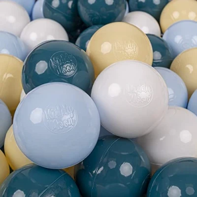 Image of KiddyMoon Soft Plastic Play Balls 100 Balls/7Cm 2.75In Multi Colour Made In EU, Dark Turquoise/Pastel Blue/Pastel Yellow/White