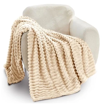 Image of GC GAVNO CAVAILIA Ribbed Blanket Throw Fluffy Fleece Throws For Sofas, Bed, Settee, Couch Comfortable Extra Large Blankets &amp; King Size 200x240 Cm Cream