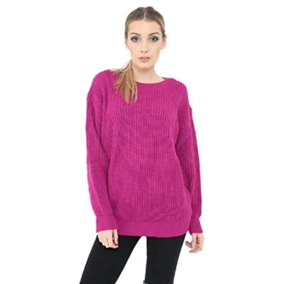 Image of Crazy Girls Womens Ladies Baggy Long Sleeve Knitted Plain Chunky Top Sweater Jumper S XL (2XL, Cerise)