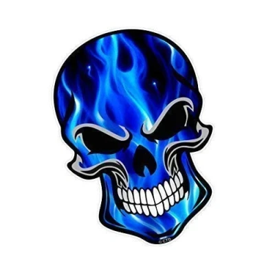 Image of Gothic Biker SKULL Design with Electric Blue Flames Motif Vinyl Car Bike Sticker Decal 110x75mm