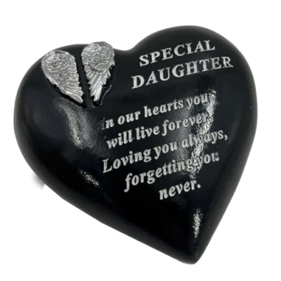 Image of Special Daughter Angel Wings Memorial Black Heart Grave Plaque Graveside Ornament Decoration