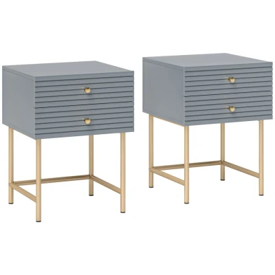 Image of HOMCOM Bedside Tables Set of 2, Cabinet with 2 Drawers, Modern Side Table for Bedroom, Living Room, Grey