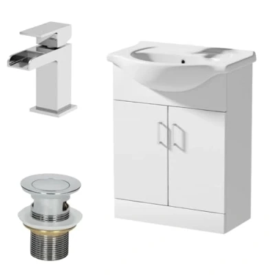 Image of Affine® 650mm Bathroom Vanity Unit Ceramic Sink Floorstanding Storage Cabinet Cupboard &amp; Chrome Waterfall Basin Tap Waste Set, White Gloss