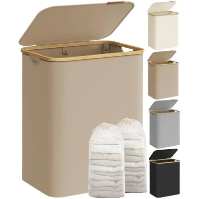 Image of SONGMICS Laundry Basket with Lid, 2 Section Large Hamper, 130 L, Removable Mesh Liner, Oxford Fabric, Bamboo Handles, Collapsible, 52 x 38.5 70.5 cm, Camel Brown LCB513LJ01