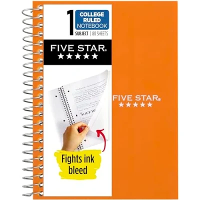 Image of Five Star Spiral Notebook, 1 Subject, College Ruled Paper, 7&quot; x 4 3/8&quot;, Personal Size, 80 Sheets, Orange (450048CD1 ECM)