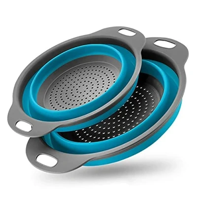 Image of Alnicov Collapsible Colander,2 Colanders Set,Silicone Vegetable/Fruit Flexible strainer,Folding Strainer for Kitchen(Blue)