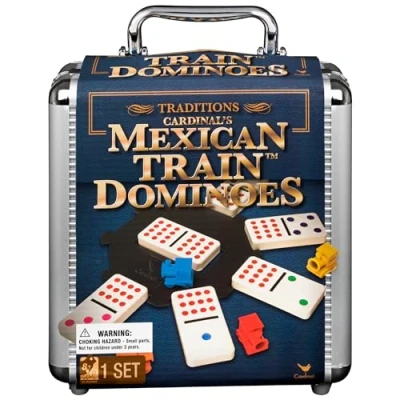 Image of Mexican Train Dominoes Game in Aluminum Carry Case, for Families and Kids Ages 8 up