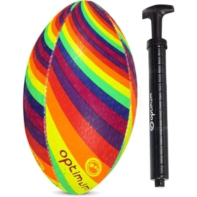 Image of Optimum Rainbow Twister Rugby Ball Balanced and Responsive for Accurate Handling Kicking of Top Performing Balls Perfect Training Gameplay 2 Ply 410g Size 5 With Pump