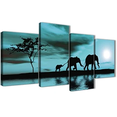 Image of Wallfillers Large Teal African Sunset Elephants Canvas Wall Art Print Multi 4 Piece 130cm Wide 4362