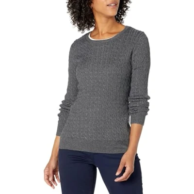 Image of Amazon Essentials Women&#039;s Lightweight Long Sleeved Cable Crewneck Sweater (Available in Plus Size), Charcoal Heather, M