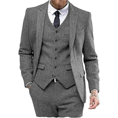 Image of Solovedress Suits for Men, 3 Piece Classic Tuxedo Tweed Wool Wedding (Blazer + Vest Trousers), gray, XS