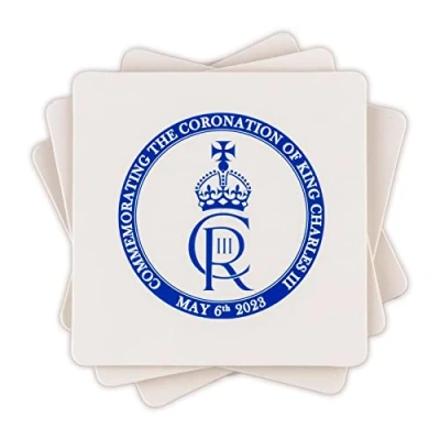 Image of SHATCHI 4Pcs Coasters Set King Charles III Portrait Memorabilia King&#039;s Coronation Coffee Tea Cup Holder Commemorative Souvenirs Gift His Majesty, White, 10 x cm