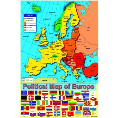 Image of laminated Political Map Of Europe EUROPEAN Poster With Flags educational primary teaching wall chart