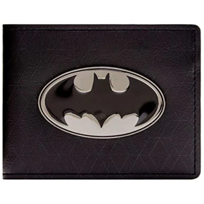 Image of Batman to The Batmobile! Metal Badge Bat Emblem Wallet Bi Fold ID &amp; Card Holder, Black
