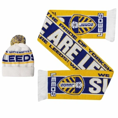 Image of GIFTS 4 ALL Leeds Fans Winter Warmers Ski Hat &amp; Scarf Gift Set, Match Day Utd Hat, Football