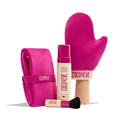 Image of Coco &amp; Eve Bali Bae Self Tan Set (Dark). All Natural Sunless Tanning Mousse. Instant Lotion with Bronzer, Miit Back Applicator for Flawless Application and Bronze
