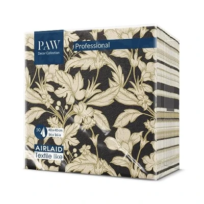 Image of PAW Napkins Made of airlaid Fabric Like (40 x 40 cm) I 50 Pieces Ideal for Wedding, Baptism, Communion, birthdayI Gold, Leaves, Flower, Black Color: Floral Pattern