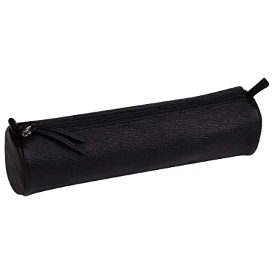Image of Clairefontaine Ref 8325C Cuir&#039; Aged Leather Round Pencil Case 22cm x 5.5cm, Made From Genuine Lambskin Leather, Metal Zip With Puller Black