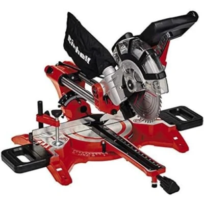 Image of Einhell TC SM 2131/1 Dual Bevel Sliding Mitre Saw Double Circular Saw, 310mm Drag, Laser, Dust Extraction, +/ 45 Mitre, 47 with 48T Blade for Cutting Wood, Plastic, Red