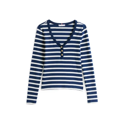 Image of Tommy Hilfiger SLIM Henley Scoop Long sleeved top, Women&#039;s, Size: XL, Dark night navy/calico