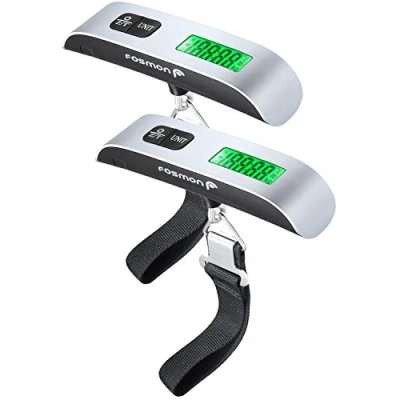 Image of Fosmon Digital Luggage Scale (Backlight, LCD Display, Built in Thermometer) Ergonomic and Lightweight Suitcase Weighing Scales, 110 lb / 50 kg with Tare Function Silver (2 Pack)