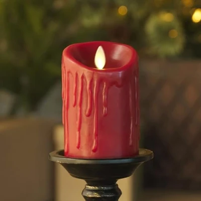 Image of Luminara Burgundy Wax Drip Flameless Candle LED Battery Operated Moving Flame Lights Pillar Unscented Real with Dripped Edge, Timer (3 x 4.5 inch)