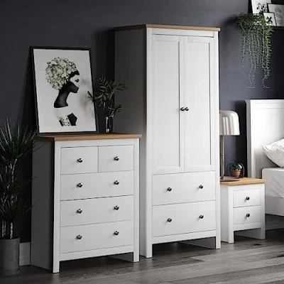 Image of Vida Designs Arlington 3 Piece Bedroom Sets, Bedside cabinet, Chest of Drawer &amp; Wardrobe (White Oak, 2D Nightstand, 5D Wardrobe)