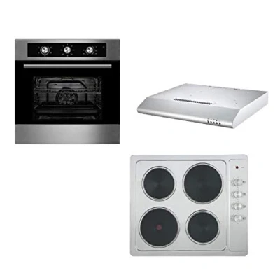 Image of Cookology Oven, Hob &amp; Hood Package 60cm Built in Electric Fan Oven with Minute Minder, 4 Solid Hot Plate Stainless Steel Visor Cooker Pack Easy to Clean