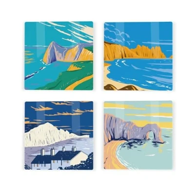 Image of South Coast England Ceramic Coaster Set Cornwall Dorset Jurassic Landmarks/Landscapes Square of Four (4) Coasters Gift