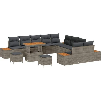 Image of vidaXL 13 Piece Garden Sofa Set with Cushions Grey Poly Rattan Acacia