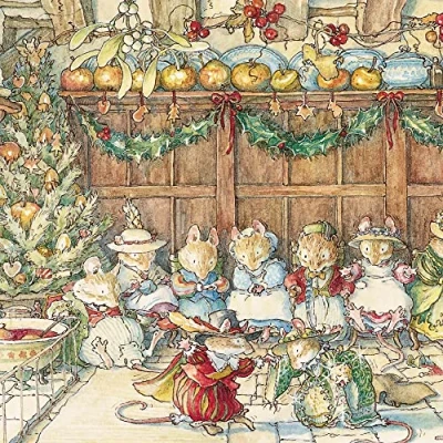Image of Museums &amp; Galleries Pack of 8 Artistic Charity Christmas Cards &#039;Gathered Around The Hearth&#039; Illustration Mice Dancing, multi, 160 x mm
