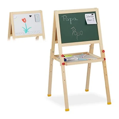 Image of Relaxdays Kids’ Easel, Two Sided, Magnetic, Height Adjustable, HWD 77x39x44.5 cm, Whiteboard &amp; Chalkboard, Natural, 60% wood 40% fibreboard, 77 x 39 44.5 cm