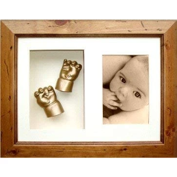 Image of BabyRice 3D Baby Casting Kit with Rustic Wooden Display Frame, Gold Painted Hand and Foot Casts