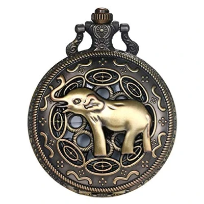 Image of JewelryWe Men Women Pocket Watch Vintage Elephant Necklace Quartz Pendant with Chain