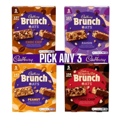 Image of Cadbury Brunch Oats Cereal Bars Bundle Pick &amp; Mix Any 3 Choose from Choc Chip, Peanut, Raisin, Dark Chip x 160g Packs 5 32g per Pack
